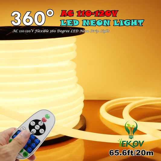 [Upgrade] 360° LED NEON Light, AC 110-120V Flexible 360 Degree LED Neon Strip Lights, Dimmable & Waterproof NEON LED Rope Light + Remote Controller (65.6ft/20m, Warm White)
