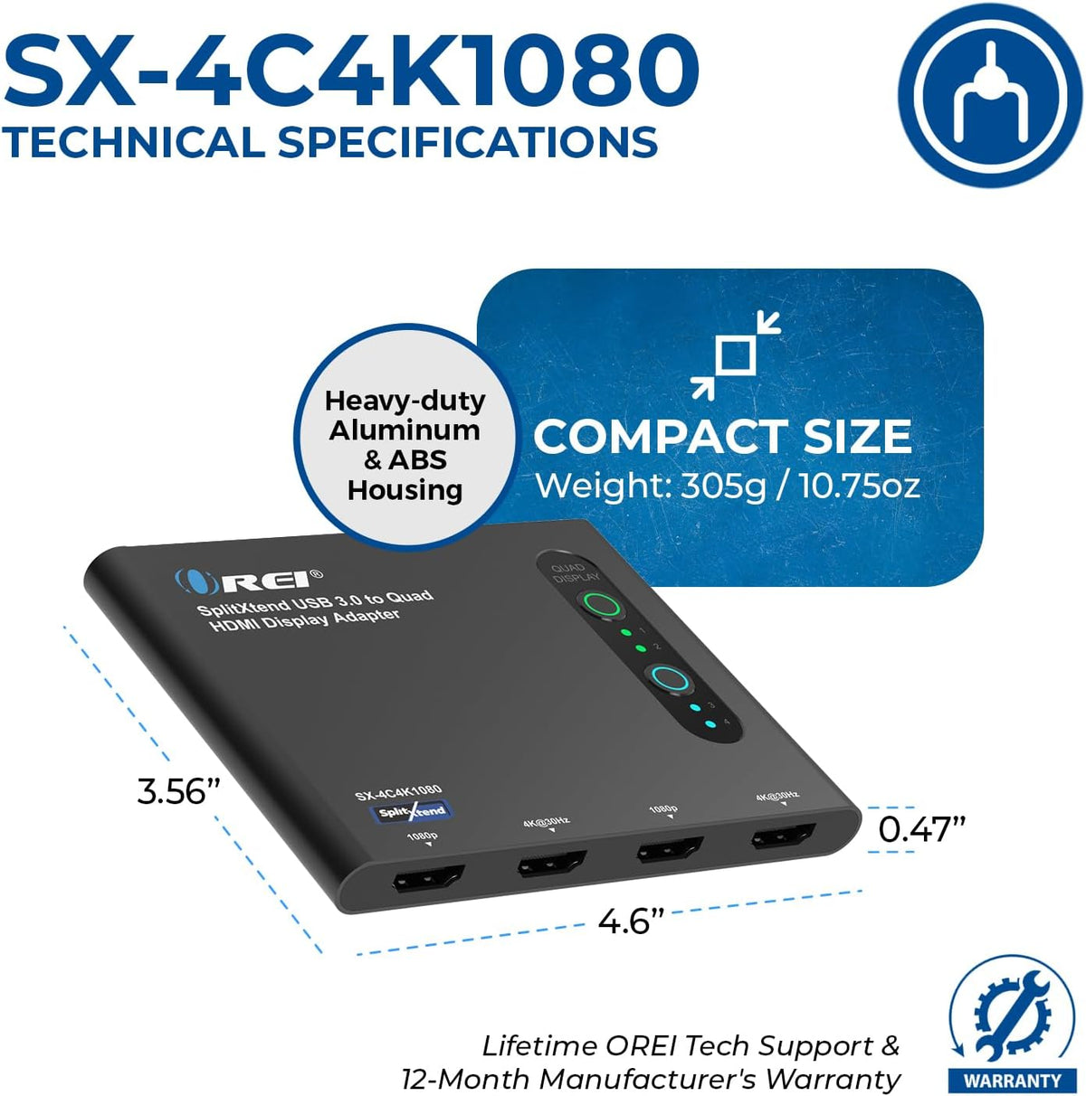 OREI SplitExtend HDMI Splitter Extended Display for Quad Monitor - 4K@30Hz