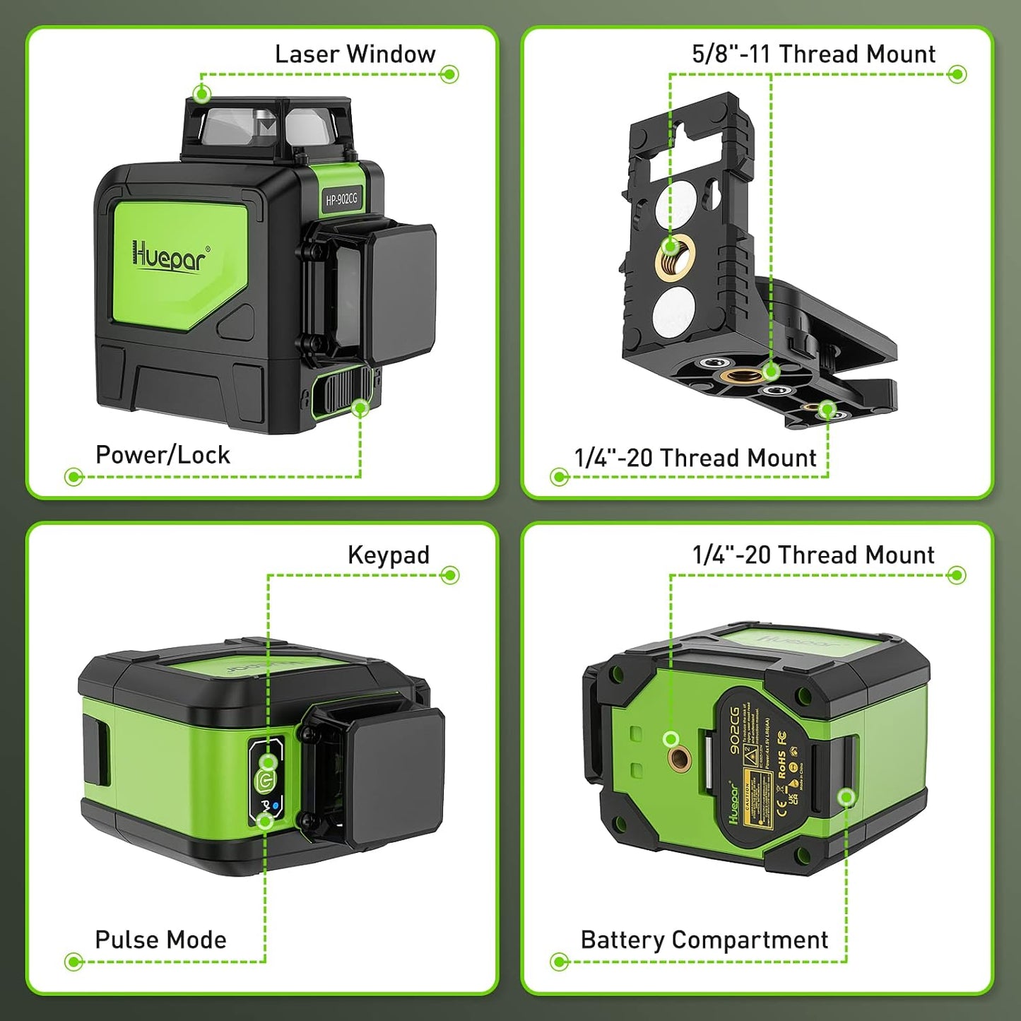 HUEPAR Self-Leveling Laser Level, 2×360 Green Beam Cross Line Laser Tool, Alignment 360-Degree Horizontal Line with Pulse Mode, Magnetic Pivoting Base Included
