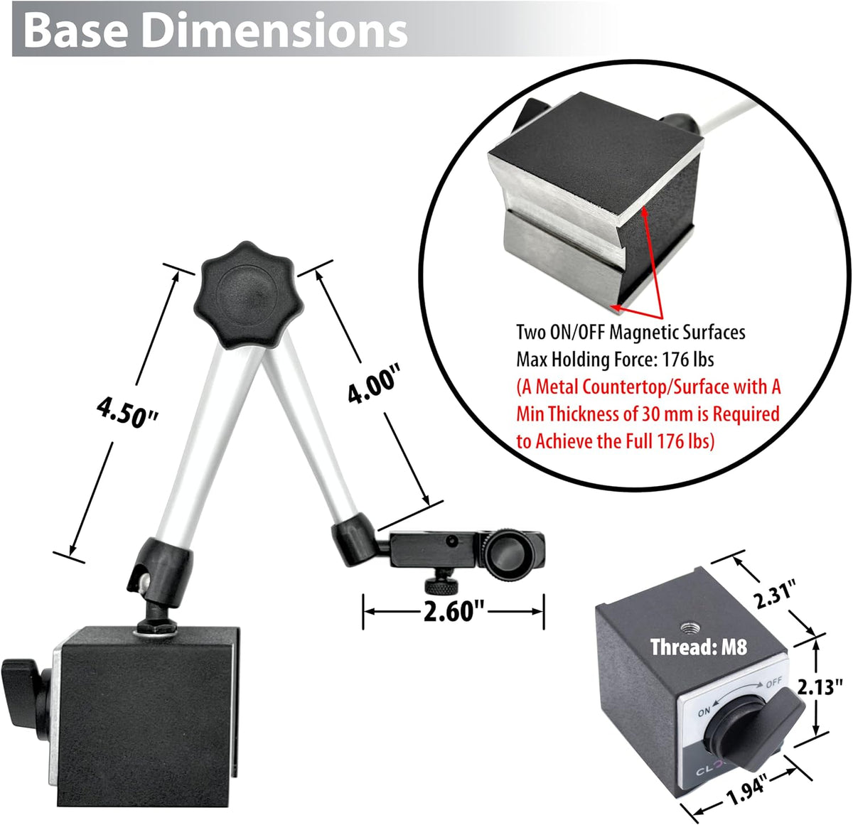 Magnetic Base, MGBR-01, Magnetic Stand for Digital Dial Indicators, 176lbs Max Pull