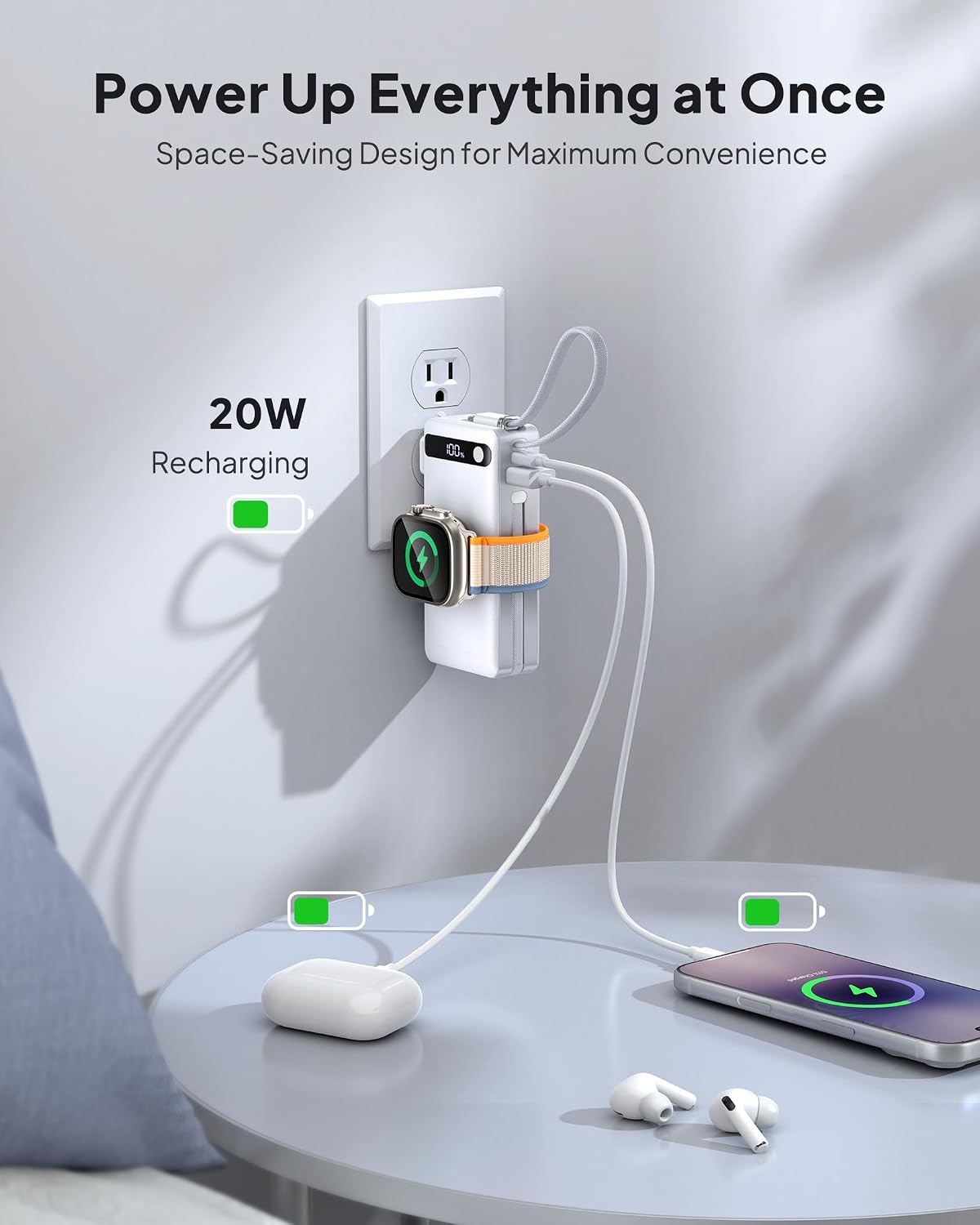 10000mAh 22.5W Power Bank Portable Charger with Built-in Cables & Wall Plug | 5 in 1 Compact USB C Fast Charging Travel Essentials Battery Pack for iPhone 17/16/15/14/12/11 Apple Watch Ultra/11/10/9/8/SE