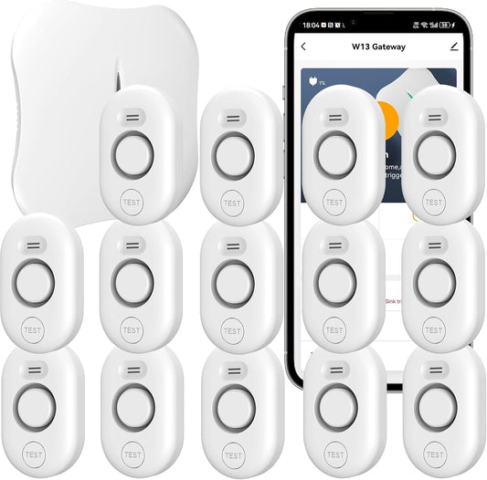 Bundle: 14 Pack Water Sensors with 2.4Ghz WiFi Gateway, Water Flood/Drip Alarm for Basement/Kitchen/Bathroom/Toilet/Laundry Room, Sink/Drain/Pipe/Faucet Leakage Alert