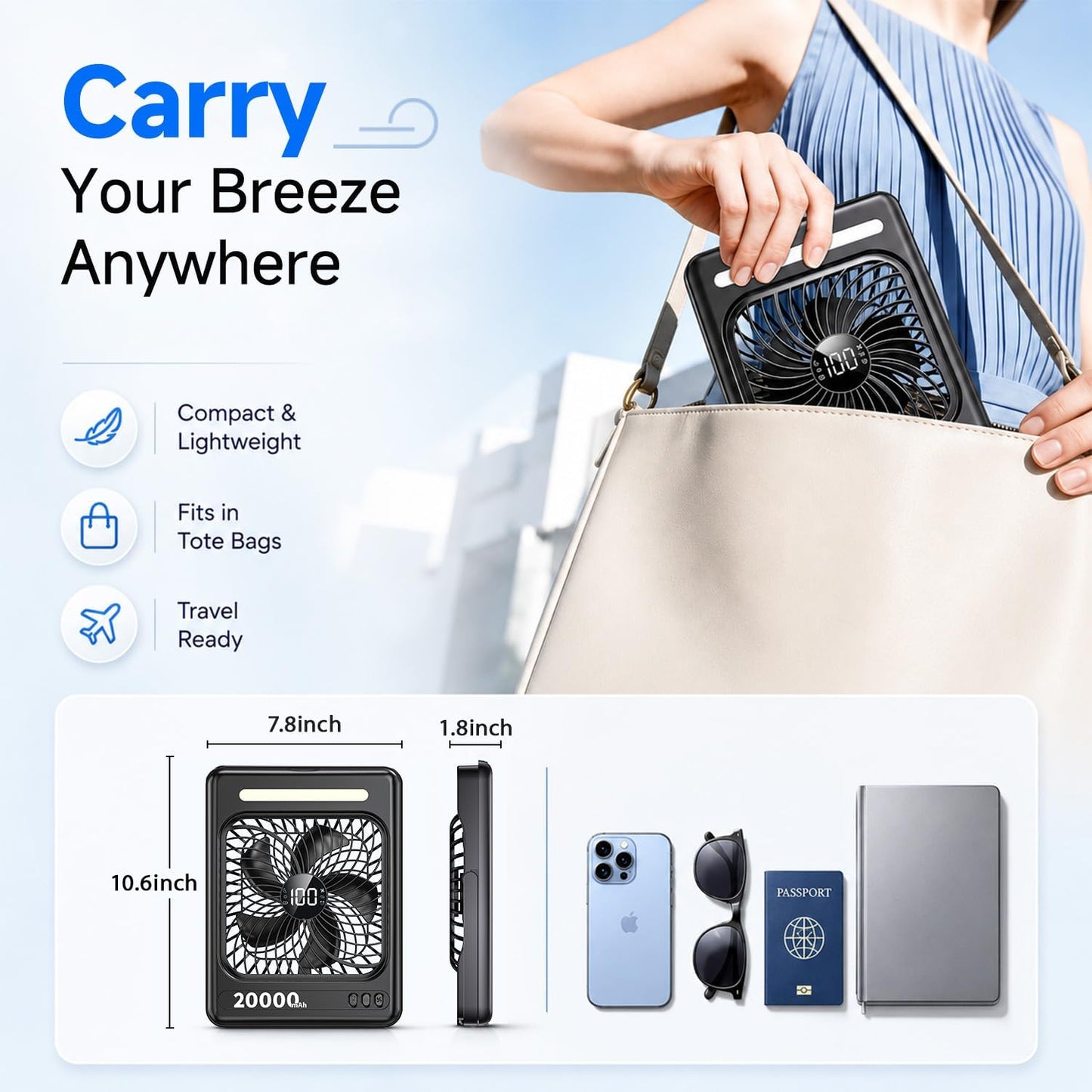 20000mAh Battery Powered Fan, Max 60H Runtime, Ultra-Slim Travel Fan, 5 Speeds Portable Rechargeable Fan with LED Lantern, 2/4/6/8 Timer Personal Camping Fan for Cruise Fishing Ship Tent Office Home