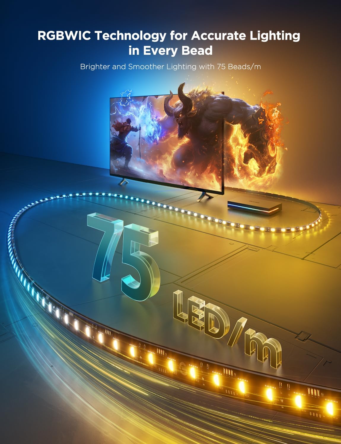 Govee HDMI 2.1 AI Sync Box 2, 8K/4K @144Hz, RGBWIC for 75-85 Inch TVs | With TV Backlight, Supports VRR & ALLM, SmartThings & Matterr & Alexa, AI CogniGlow, 75 LEDs/m