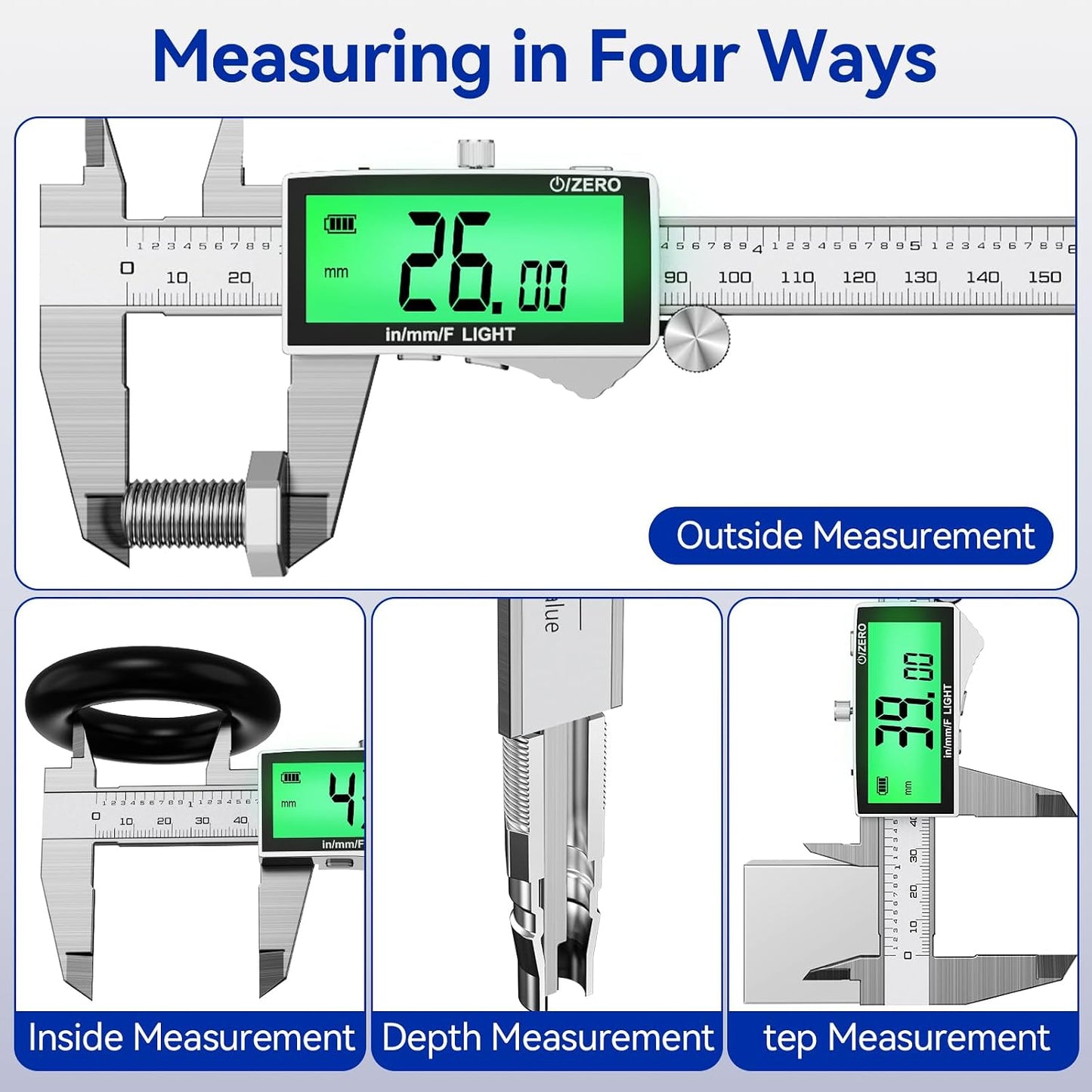 Rechargeable Digital Caliper 6 Inch, High-Precision Stainless Steel Vernier Caliper with Backlight, Support MM/in/F, Type-C Charging, LCD Screen Measuring Tool