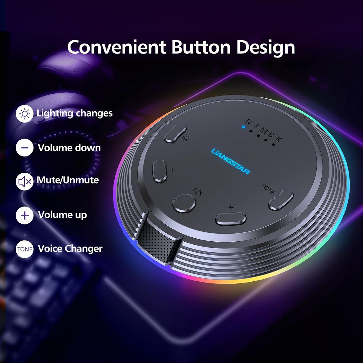 LIANGSTAR Gaming USB Microphone with 5 Voice Changes, Mute Button, Desktop Podcast Mic, Volume Control, RGB Condenser Computer Microphone for PC Gamer, YouTube, Streaming, Conference, Class
