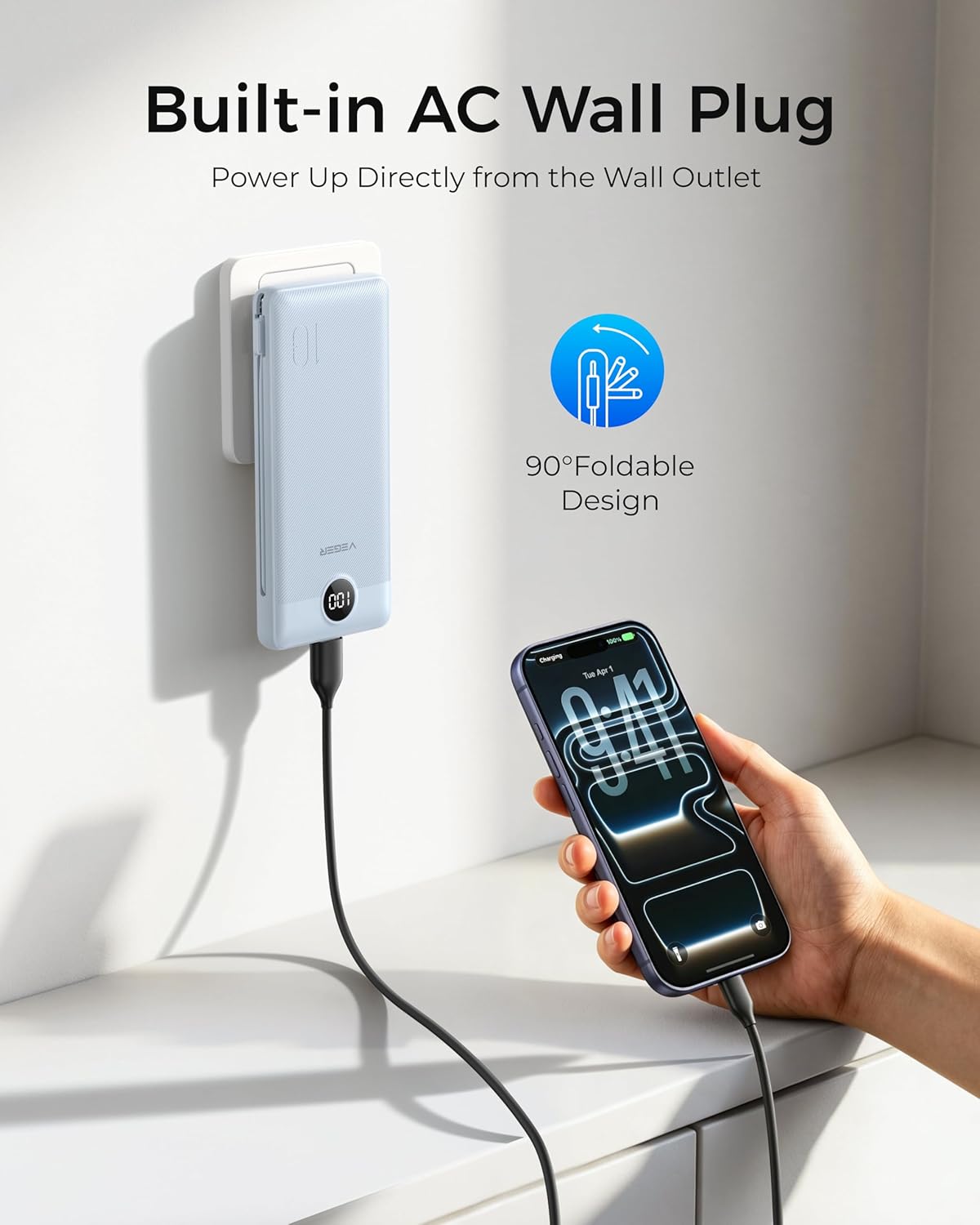 VEGER Portable Charger for iPhone, Power Bank Built in Cable and Wall Plug | 10000mAh Slim USB C Battery Pack, Travel Essentials for Camping Cruise Business Trip, Compatible with Smart Devices, Blue