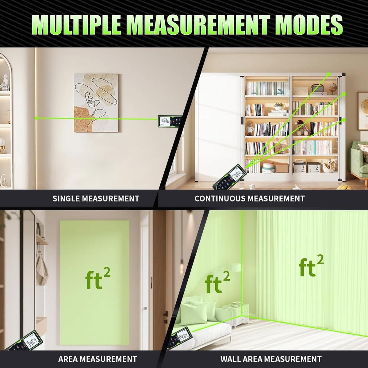 Green Laser Distance Measure USB-C Rechargeable Live XY Angle Sensor | High-Accuracy, Area / Volume / Pythagorean, Ft/In/Ft+In/M Unit Switching, Compact, Home DIY Woodworking Indoor Projects Gift