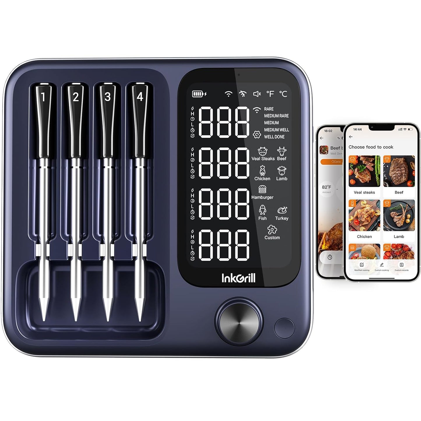 4-Probe Digital Meat Thermometer Wireless with Smart APP, Unlimited Range WiFi & Bluetooth Meat Thermometer for BBQ, Rotisserie, Oven, Grill, Smoker,and Air Fryer Cooking