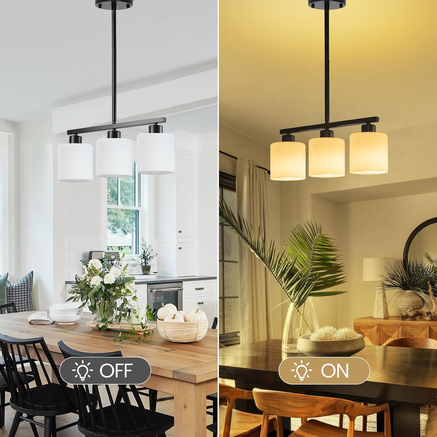 3-Light Kitchen Island Lighting, Black Pendant Light Fixture, Modern Hanging Light Fixtures with Milky White Glass, E26 Base, Bulbs Not Included