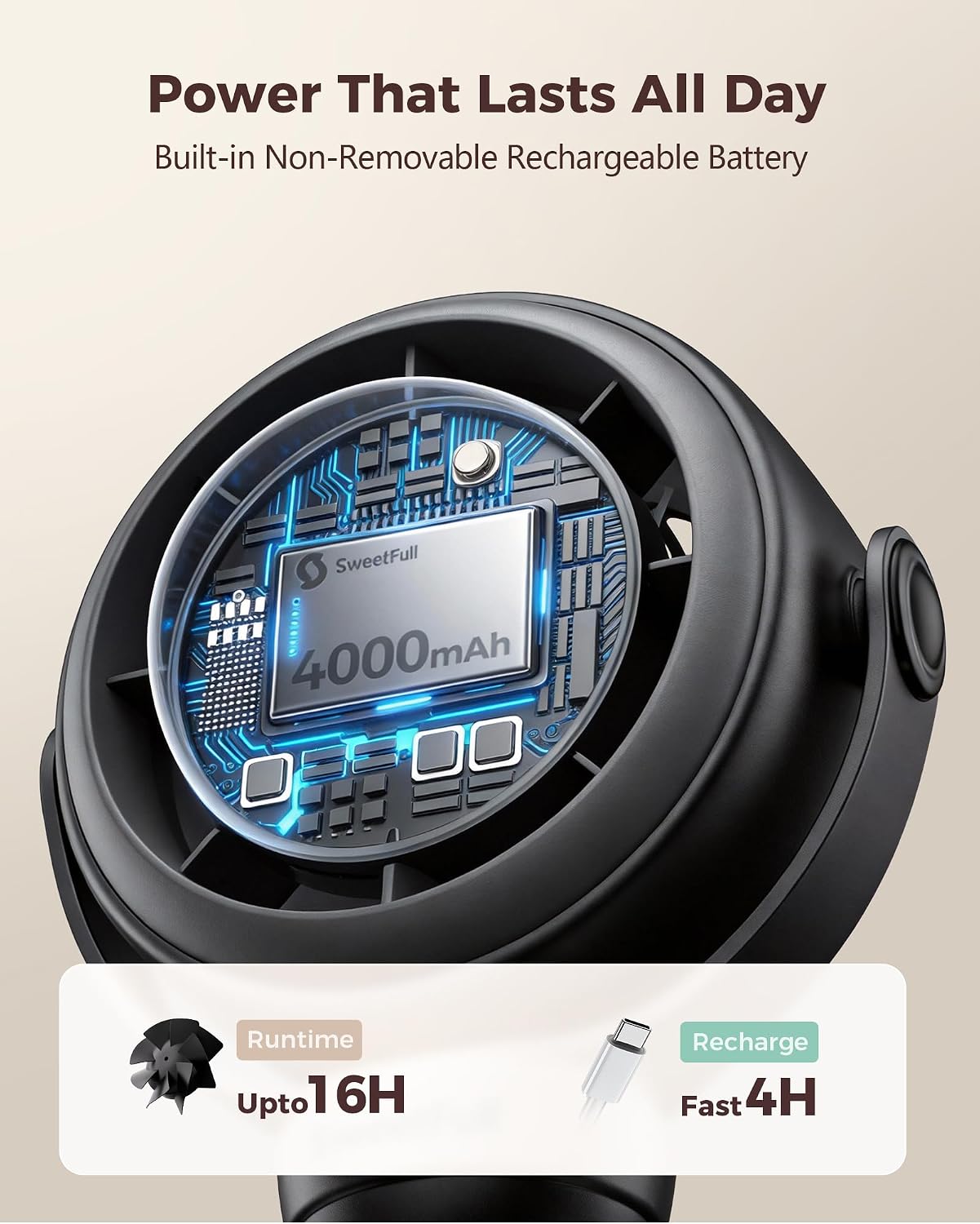 SWEETFULL Baby Stroller Fan, Safe Portable Fan, 15H Use, Nightlight - Black | Pinch-Proof Design; 4000mAh Rechargeable; Stable Mini Clip On Fan; 360° Adjustable; 4-Speed Quiet; LED Display; Car Seat Crib