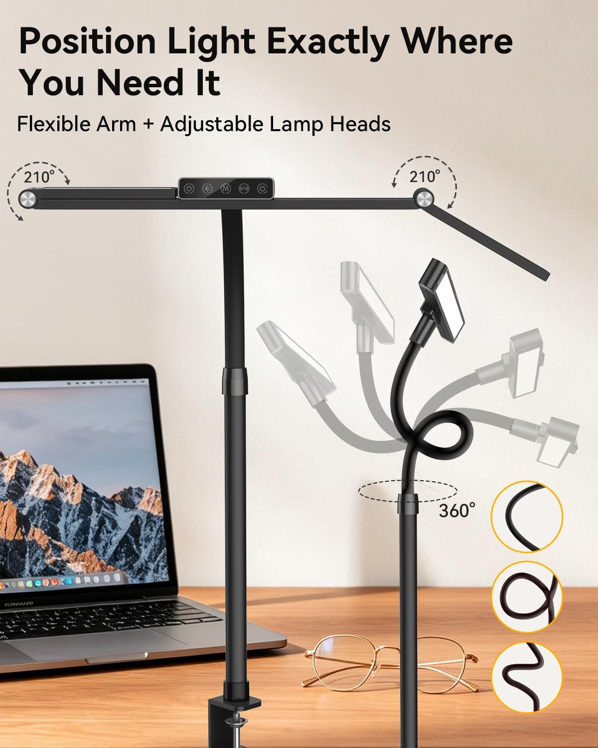 LED Desk Lamp with Clamp, 24W 3-Panel Light for Dual Monitors