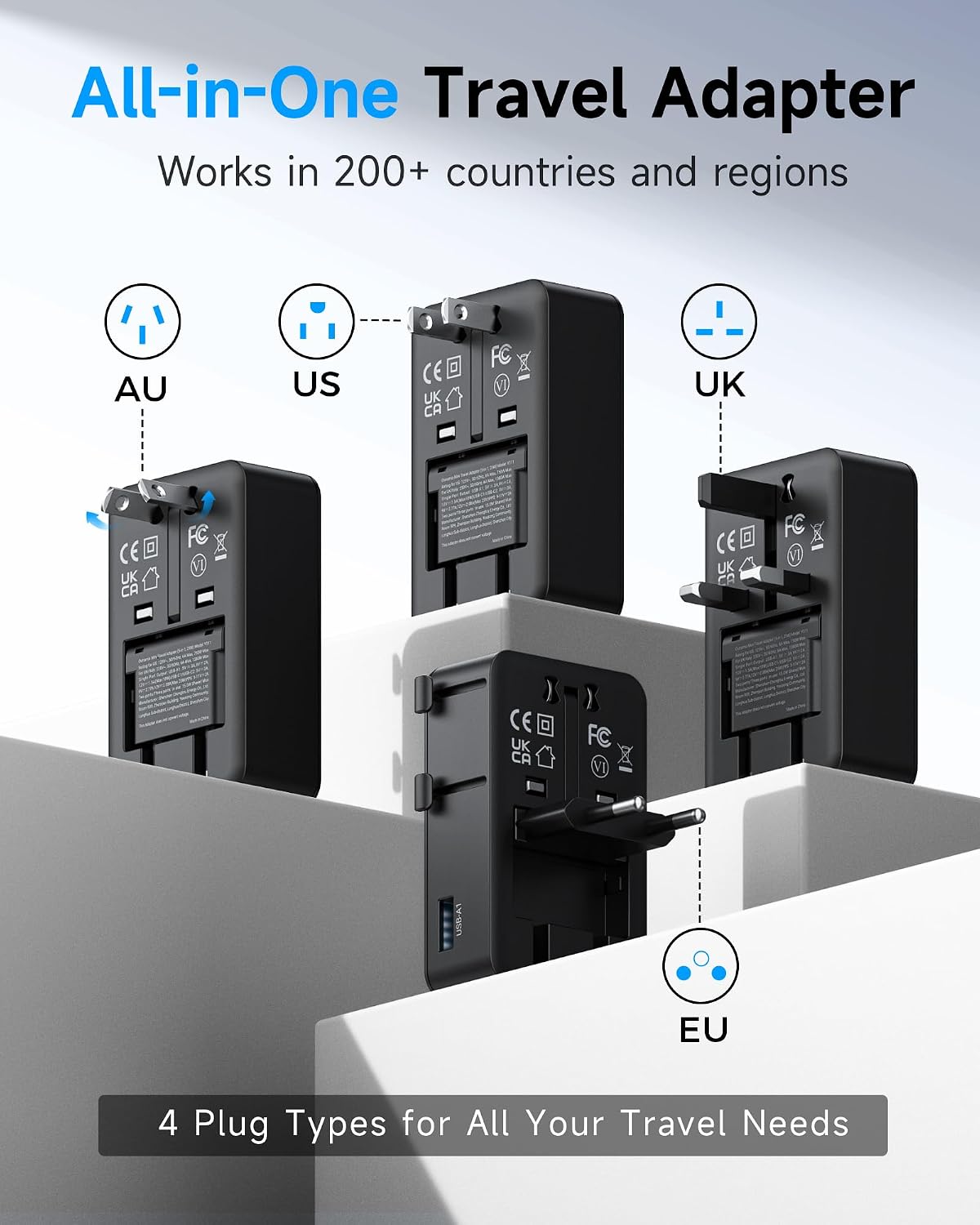 Universal Travel Adapter, 2026 Ultra-Slim 25W PD Fast Charger, 4-Port (1 AC/1 USB-A/2 USB-C) International Power Adapter, Worldwide Plug Adapter for EU/UK/AU/Asia, Travel Essentials for 200+ Countries
