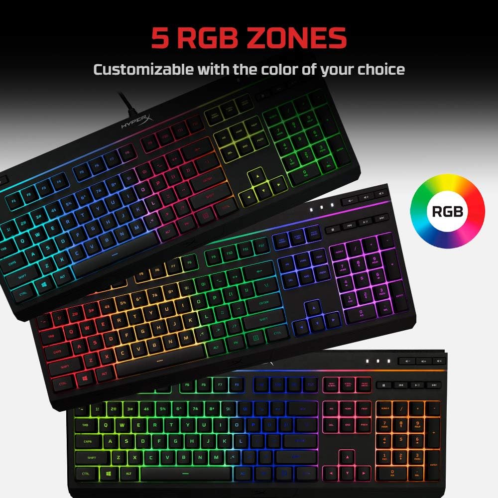 HyperX Alloy Core RGB – Membrane Gaming Keyboard, Comfortable Quiet Silent Keys with RGB LED Lighting Effects, Spill Resistant, Dedicated Media Keys, Compatible with Windows 10/8.1/8/7 – Black