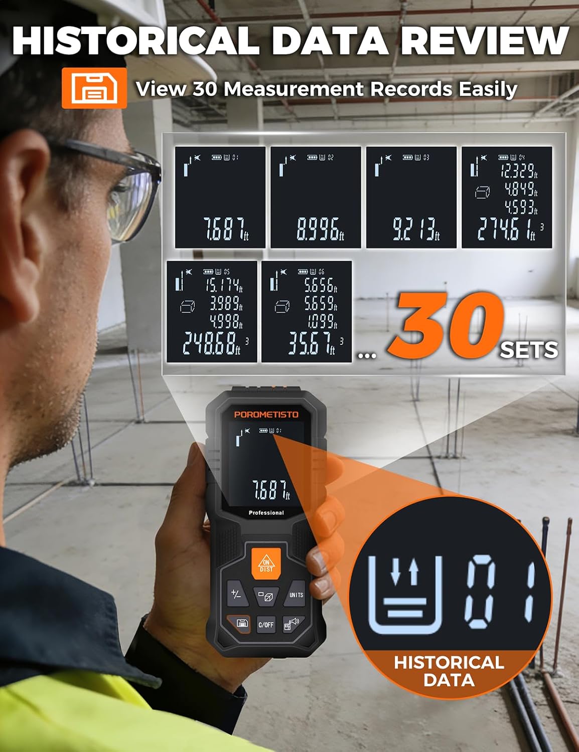Laser Measure Tool (262ft/80m, ±2mm) with Tripod Mount and Angle Sensor | POROMETISTO 12 Modes（ Angle, Area, Volume, Pythagorean）Handheld Laser Distance meter for Home Construction