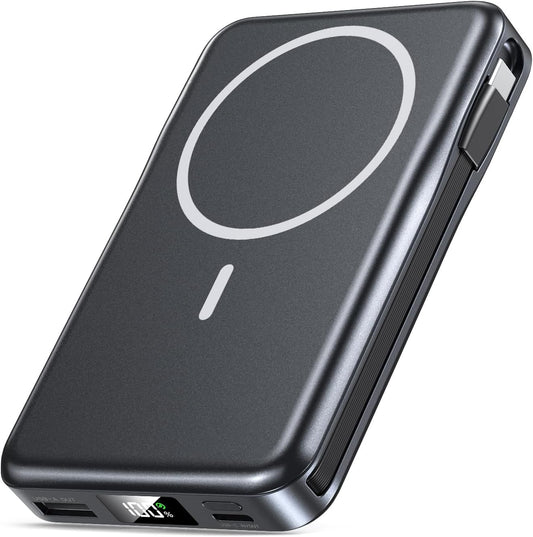 Magnetic Portable Charger 10000mAh, 20W Power Bank with Built in Cable | 20W Fast Charging for Magsafe Battery Pack with LED Display, Travel Essential for iPhone 17/16/15/14/13/12 Pro/Pro Max-Black