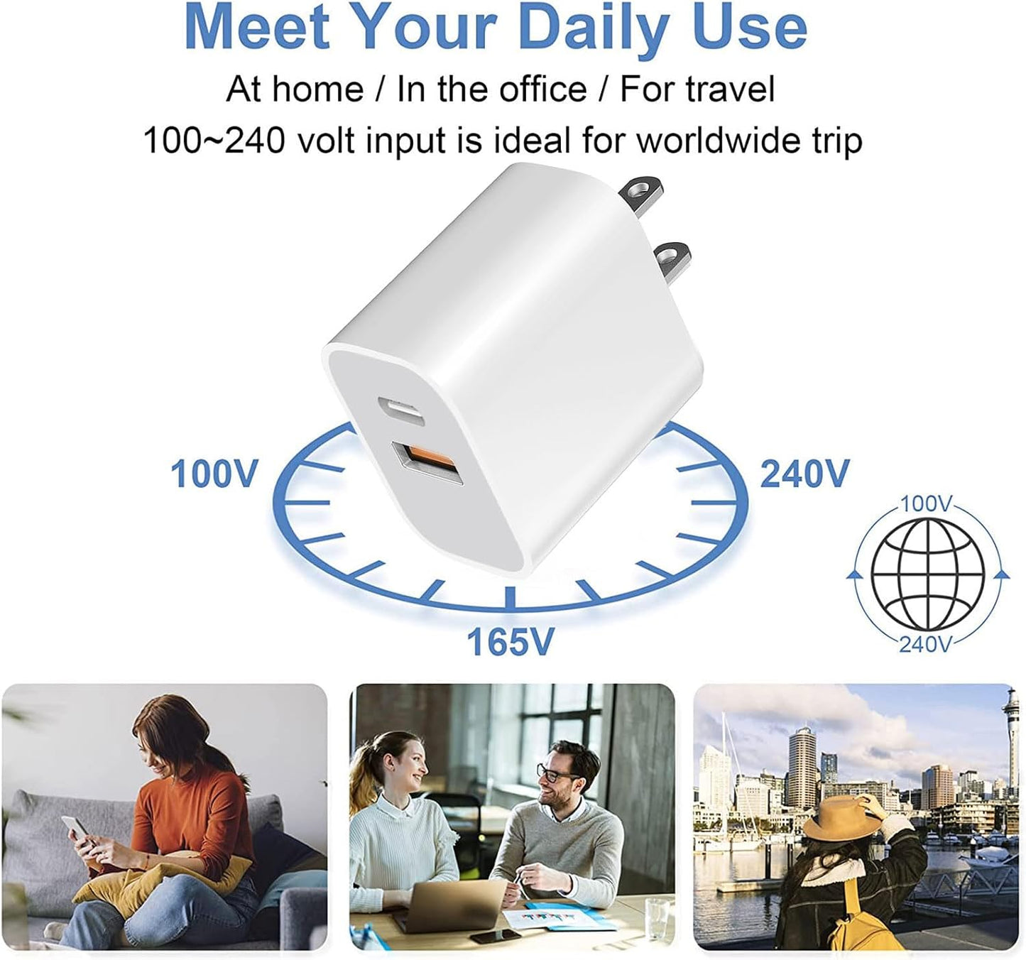 USB Power Block，wall Charging Adapter, Dual-Port Charger with c to c Cables for iPhone 17/16/16 Pro Max/15 Series/Pro and More (White, 4-Pack)