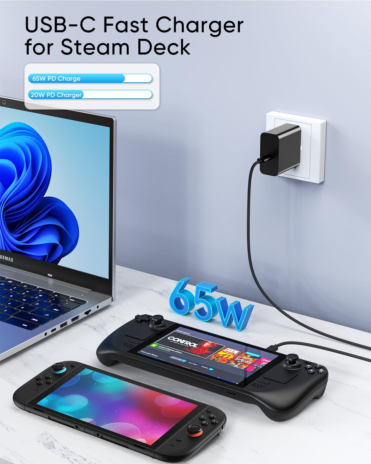 65W Fast Charger for Steam Deck & Nintendo Switch 2 with 6.6FT(2M) Cable - PD3.0 Foldable AC Adapter for ROG Ally, Switch 2 Charger Support TV Dock PS Console[Original Steam Deck Charger Replacement]