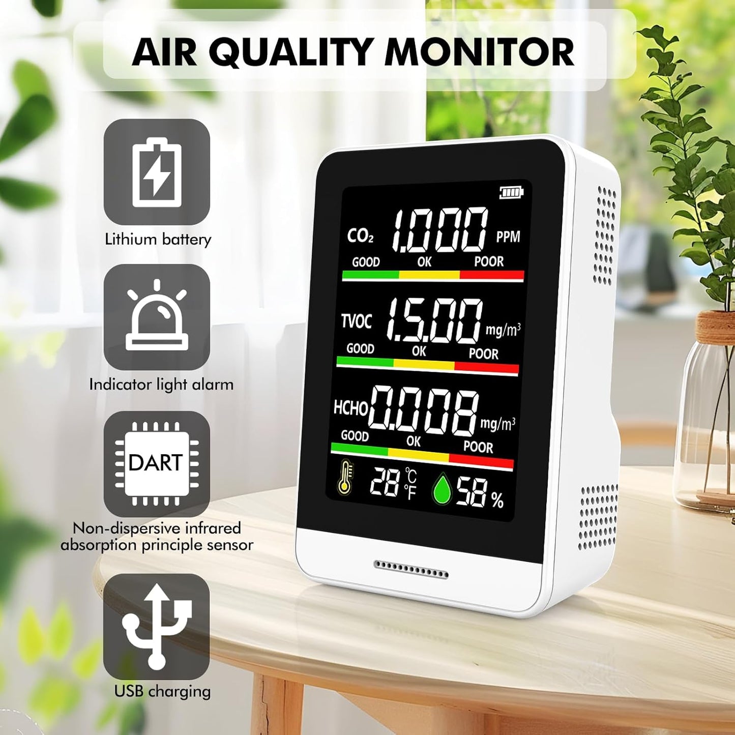 22 HOBBIES Air Quality Monitor Indoor,8-in-1 Smart Air Quality Tester with CO2, TVOC, HCHO, AQI, Temperature & Humidity, Real Time Display, Battery Powered, for Home & Office(White)