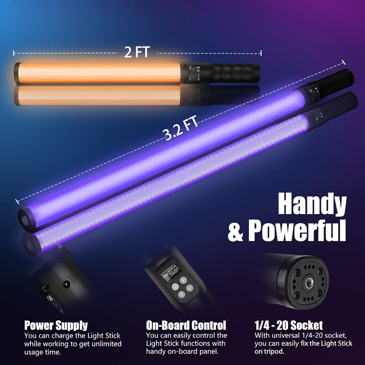 Mettlelite LS400C RGB LED Light Stick Full Color Continuous Output Video Light 2 ft with APP Control 2800K-8000K CRI96 TLCI97 RGB CCT HSI 10 Customizable Light Effects Built in Rechargeable Battery