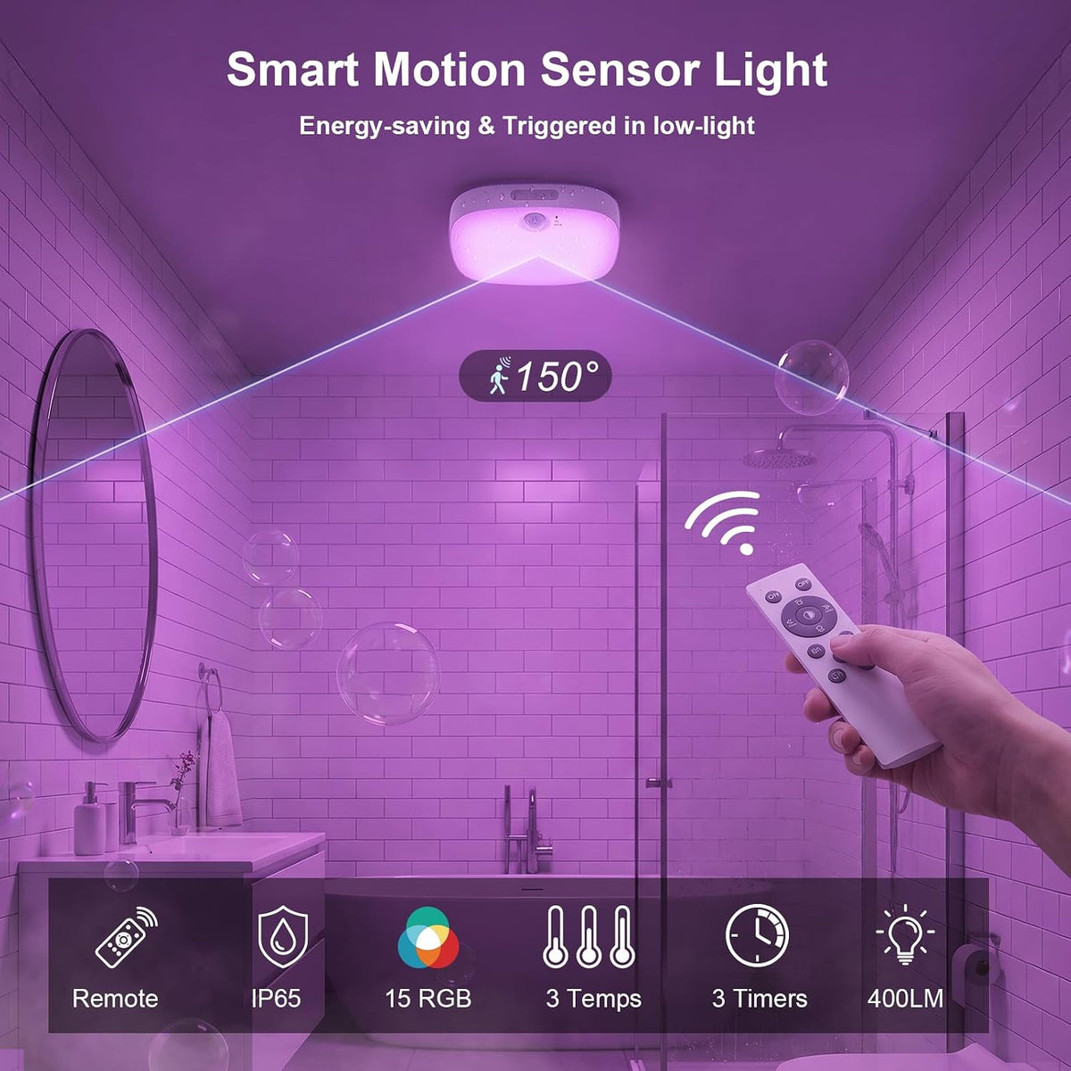 NARUNDREN 2 Pack IP65 Motion Sensor Shower Ceiling Light 10000mAh 18 Colors