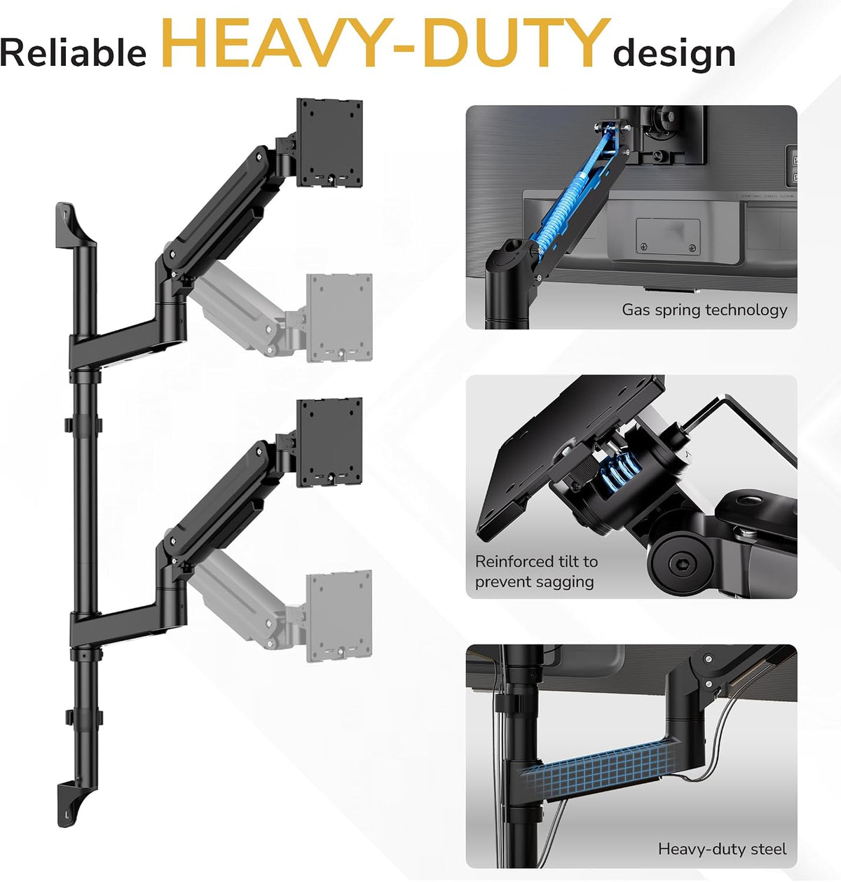 Mount-It! Dual Stacked Monitor Wall Mount, Heavy-Duty Gas Spring, 17-49 in