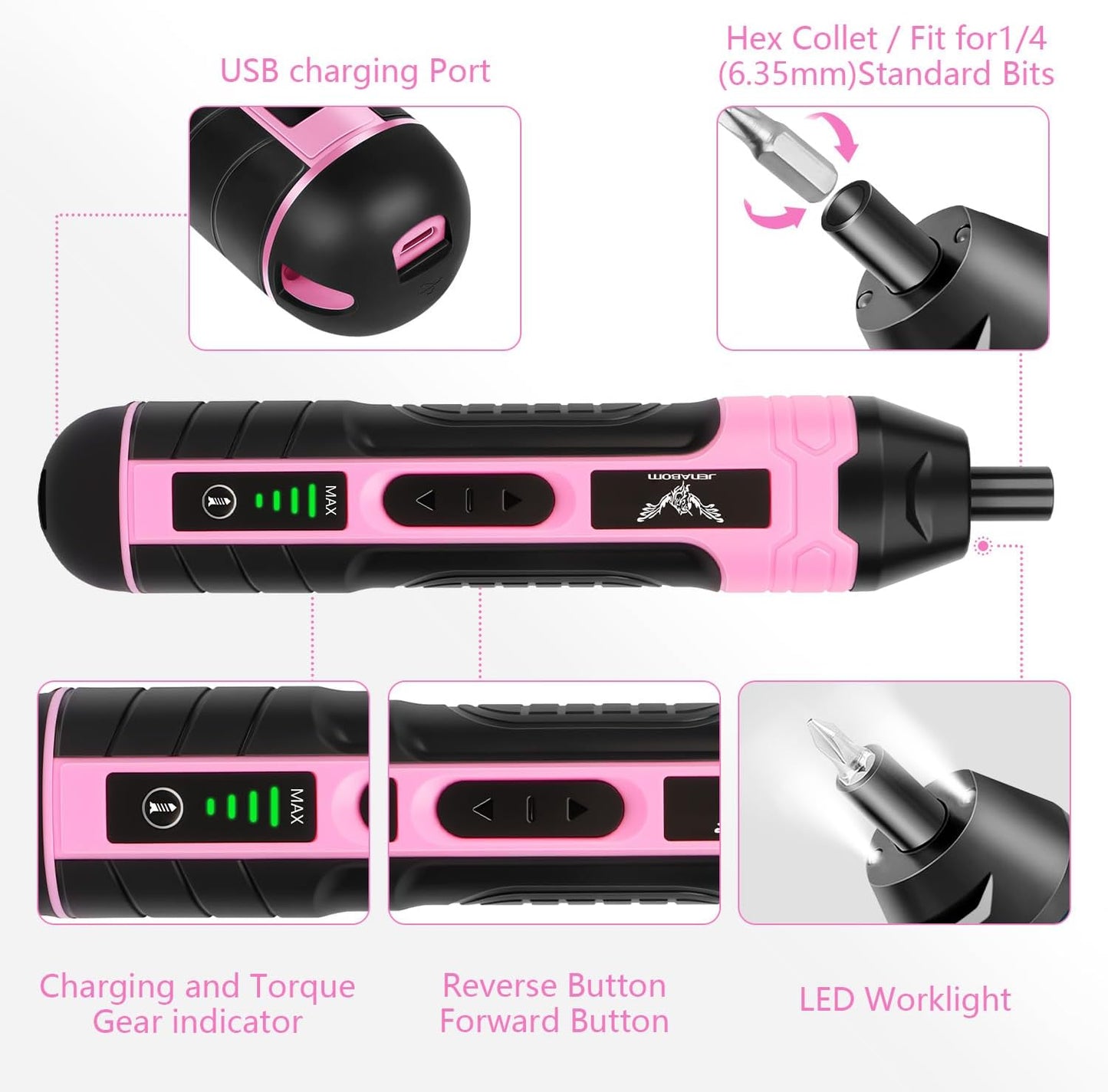 3.6V Electric Screwdriver Rechargeable, Cordless Screwdriver | Type-C Charging, 105 Pcs & Storage Box – Home DIY, Assembly, Furniture Installation, Repairs, Pink