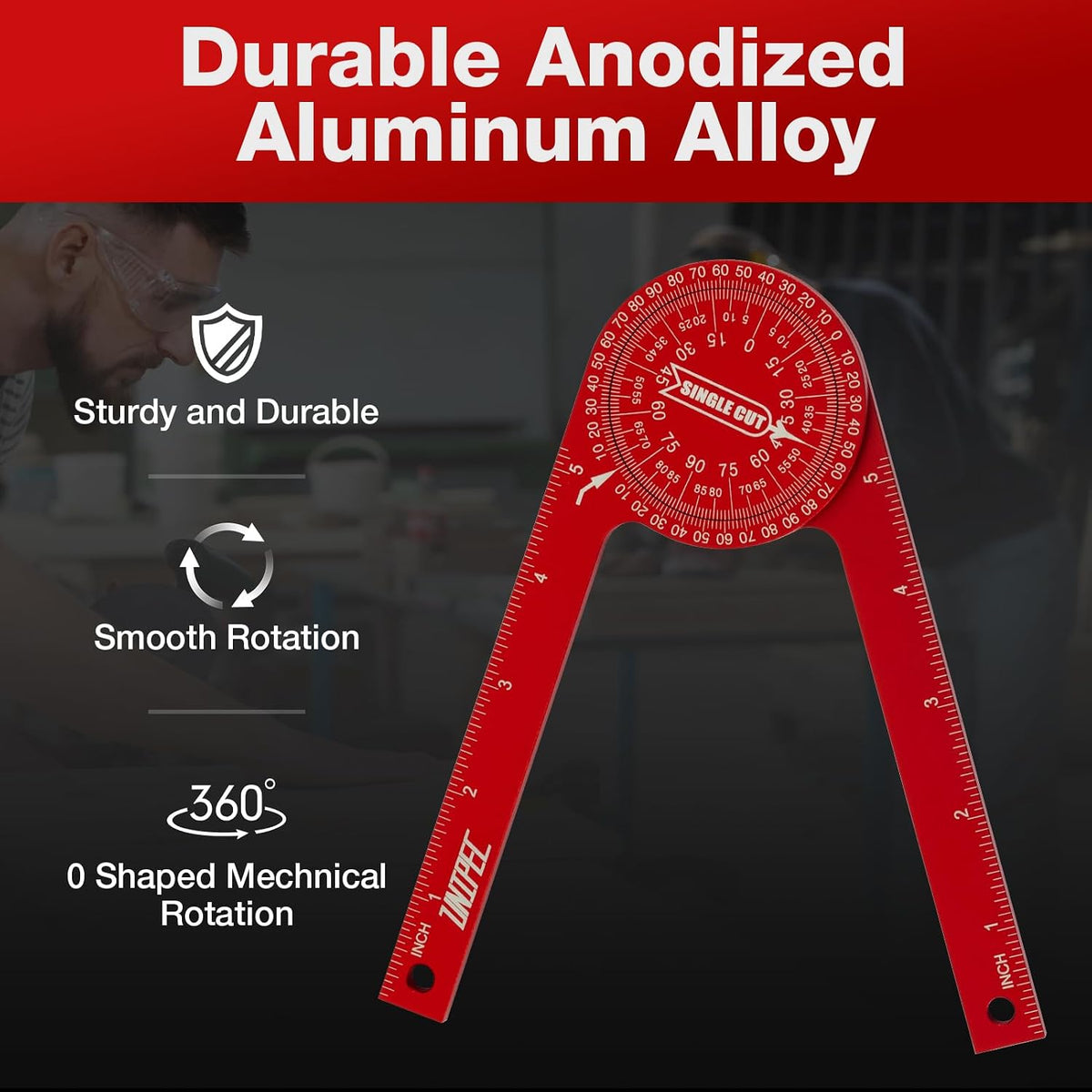 7.3 Inch Aluminum Miter Saw Protractor & Angle Finder Tool, Red | Laser-Engraved Scale, Miter Protractor, For Woodworking, Trim & Crown Molding, Baseboard & Carpentry