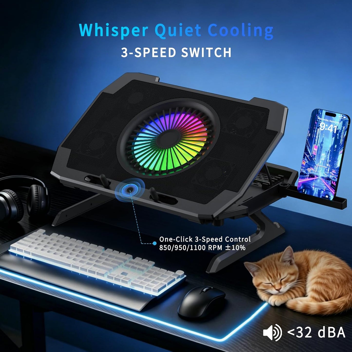 LP-2 Laptop Cooling Pad & Phone Holder, Dual-Mode Ergonomic Laptop Cooling Stand with 7 Adjustable Heights, 5 RGB High-Performance Quiet Laptop Fans, 2 USB Ports & 3 Speeds Laptop Cooler for 15–21Inch