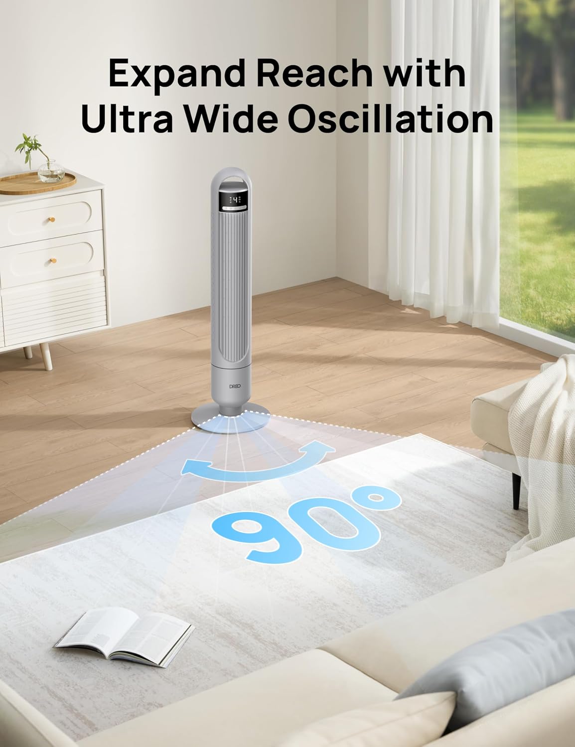 DREO Tower Fan for Bedroom, 26ft/s Velocity, 90° Oscillating, 8H Timer | 4 Speeds, 3 Modes, 28dB Quiet Standing Fan, Floor Fan for Room, Living Room, Office, Home, Cooling Fan with Remote, Grey