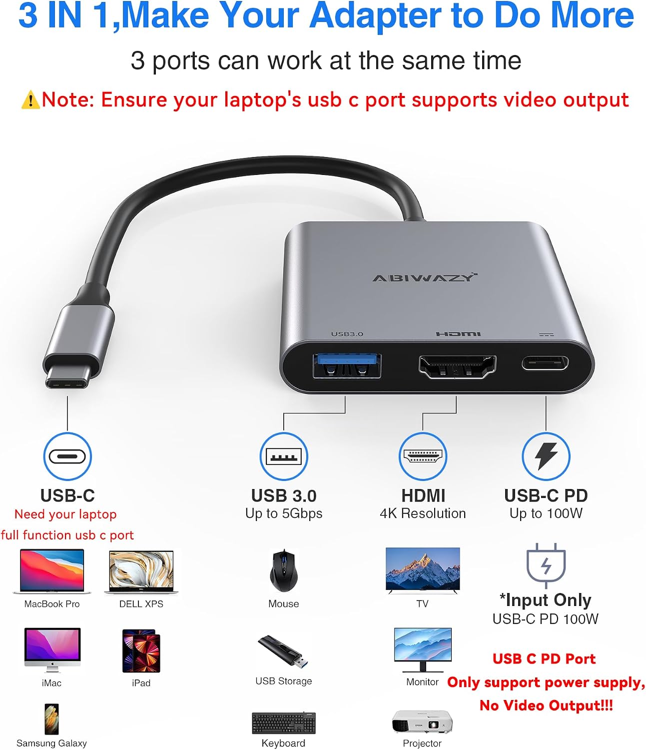 USB C to HDMI Multiport Adapter with 4K HDMI Output Type-C Hub Converter | USB C to 4K HDMI USB 3.0 PD Charging Port,USB-C Digital AV Multiport Adapter for MacBook Pro/air,iPad Pro &More USBC Devices
