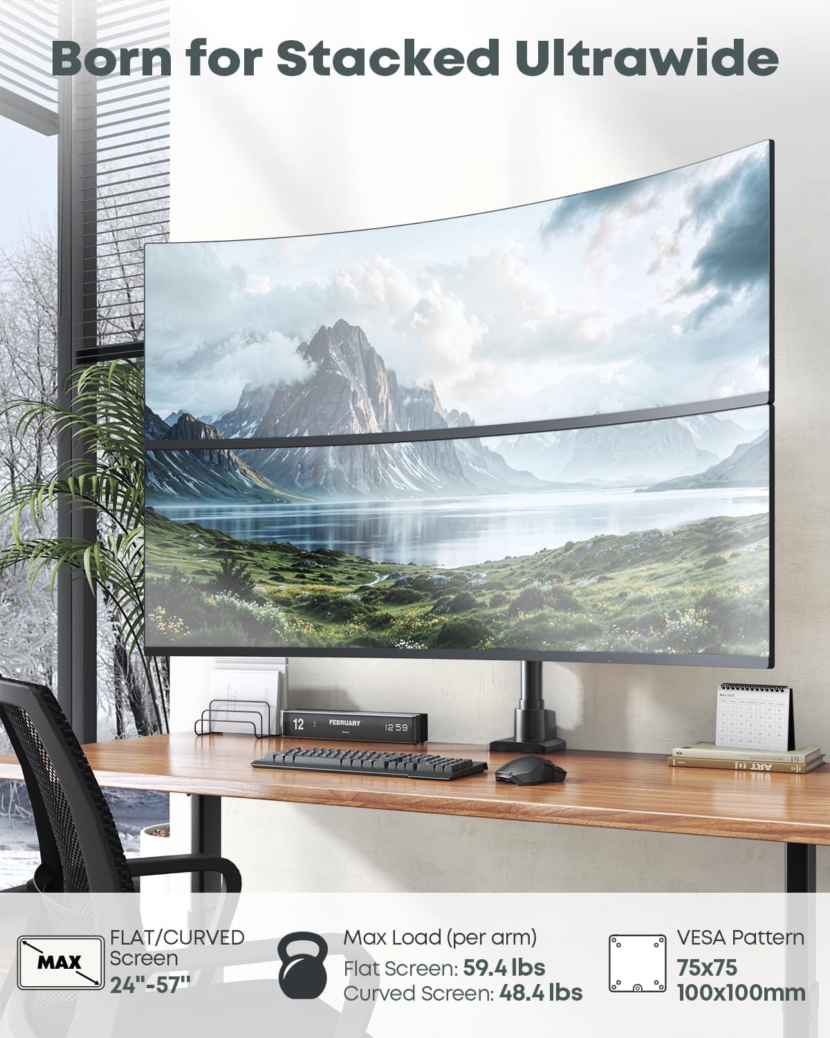 Dual Ultrawide Monitor Mount for 24-57'' Screens, Max Load 59.4 lbs per Arm | Vertically Stacked, Heavy Duty, Aluminum, Fully Adjustable, Topside Clamp/Grommet Mounting, VESA 75/100 mm, Black