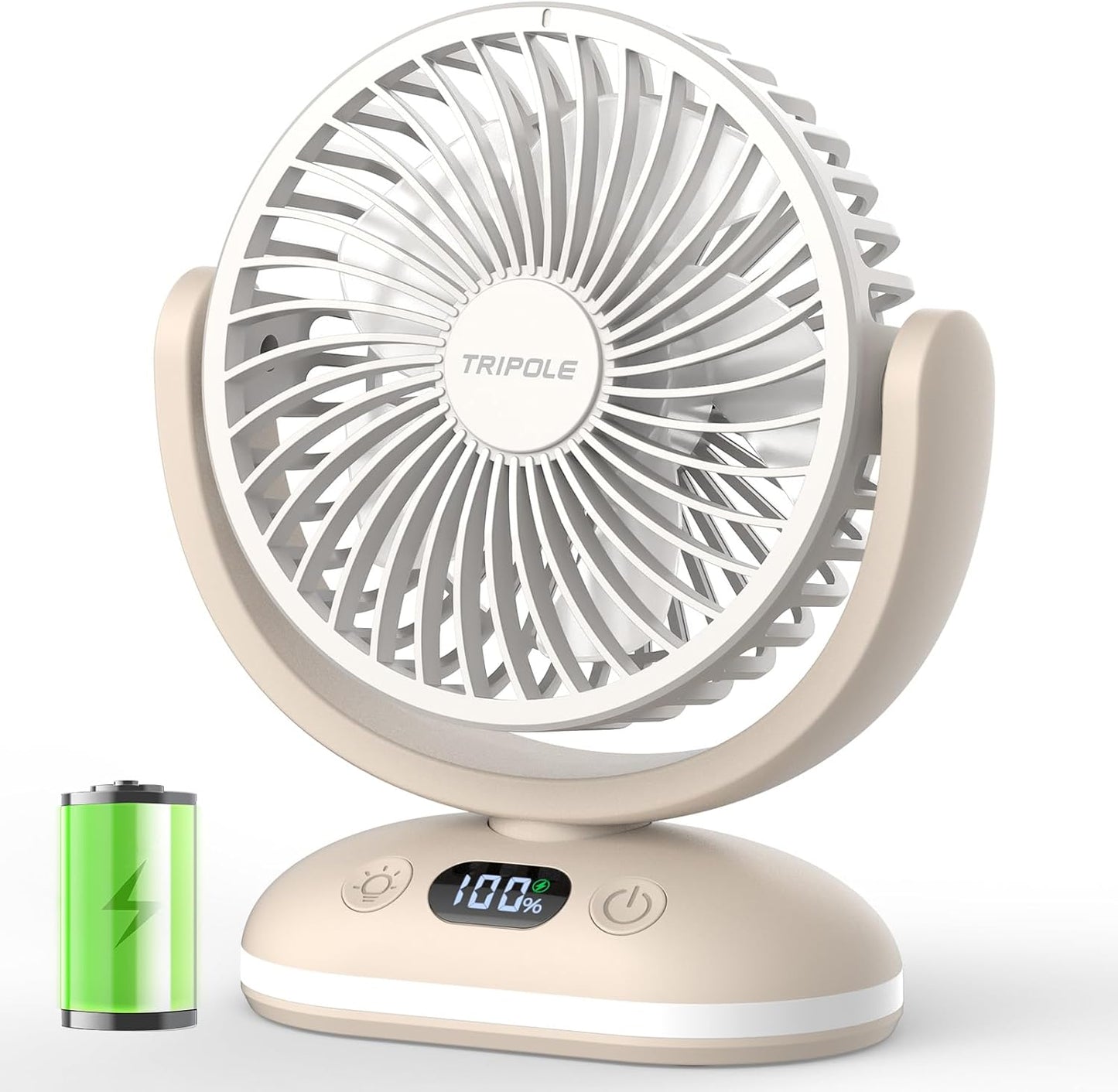 TriPole Small Rechargeable Portable Desk Fan with Smart Display & LED Light | 31H Runtime, Quiet Operation, 4 Speeds, Mini Battery Operated Fan for Bedroom Office Outdoor Travel Camping Cruise, White