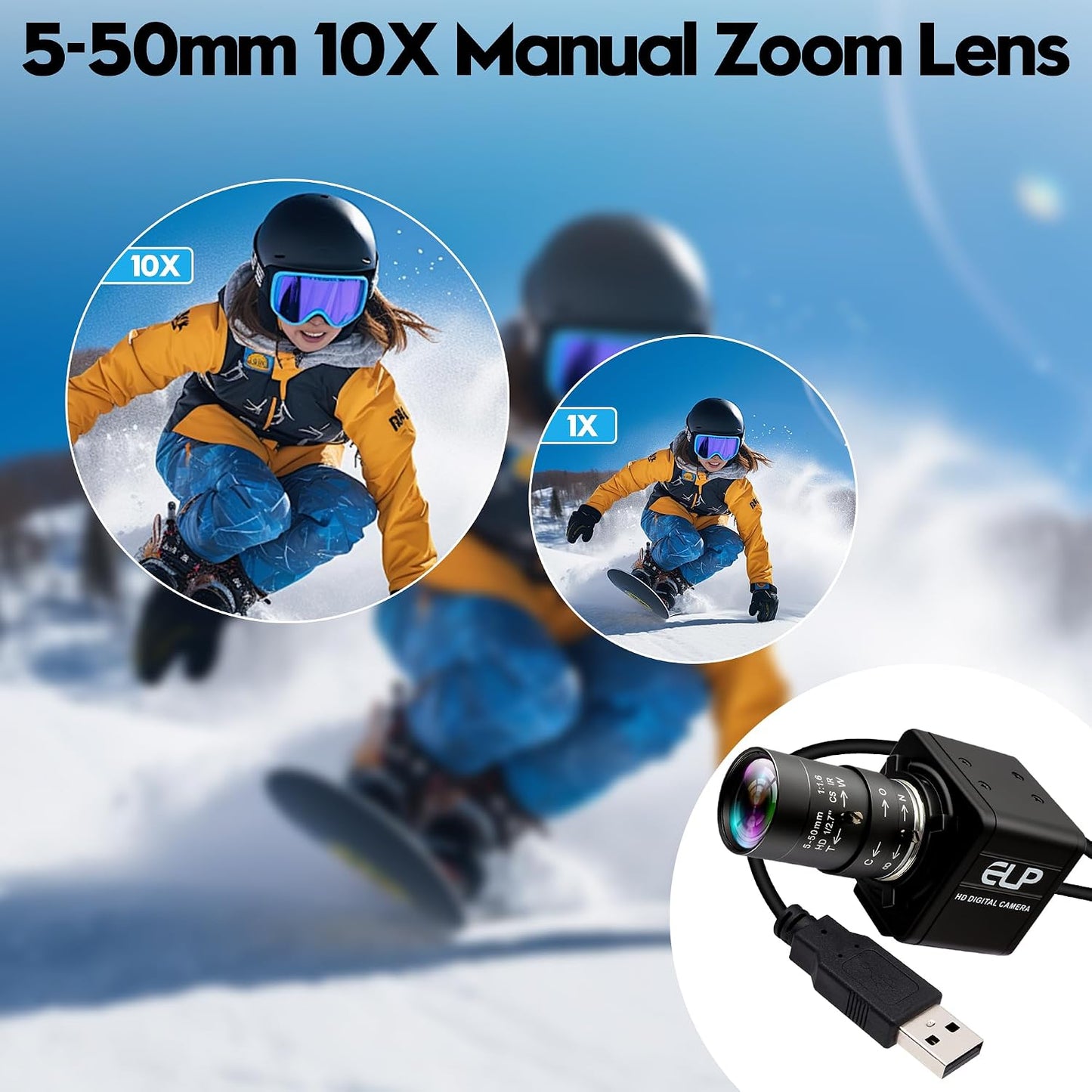 USB Camera 16 Megapixes High Resolution 5K USB Webcam with CS Mount 5-50mm Manual Varifocus Lens Close UP OpenCV Camera Free Driver Plug and Play for Windows Linux Laptop Jetson Nano