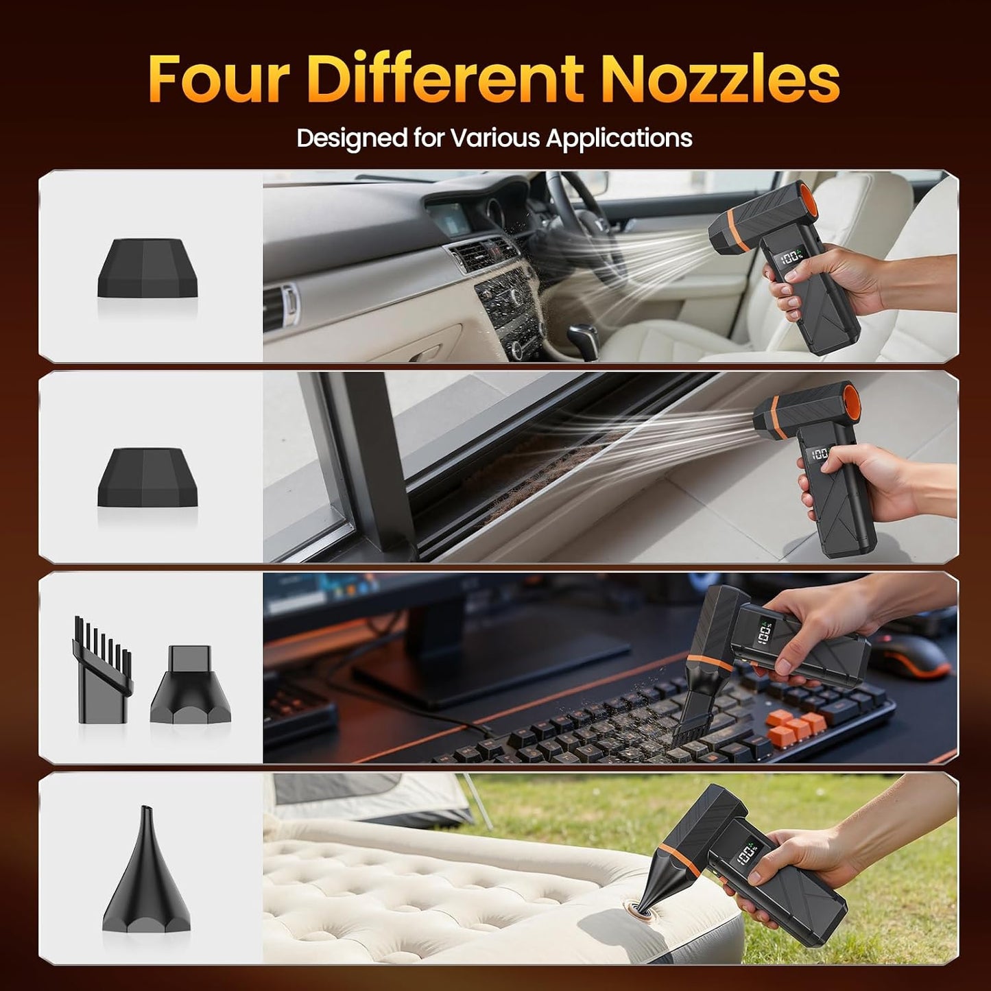 Dzaki Compressed Air Duster & Vacuum 2-in-1, 140000RPM Electric Air Duster, 4-Gear Adjustable Rechargeable Cordless Dust Blower with LED Light Fast Charging for Keyboard PC Car Home Outdoor-Orange