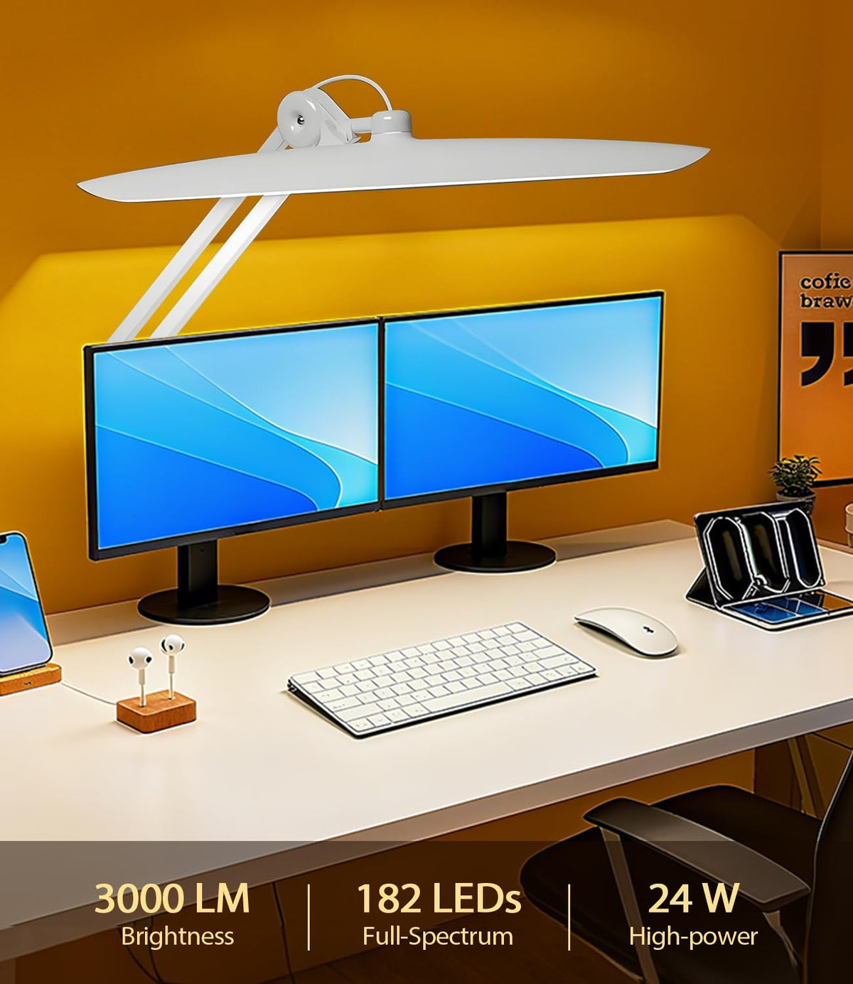 Led Desk Lamp with Clamp, Eye Caring Architect Desk Light for Home Office, Dual Screen Computer Monitor Gooseneck Adjustable Arm 20" LED Lamp, Stepless Dimming, for Nails &Salon, Reading, Workbench