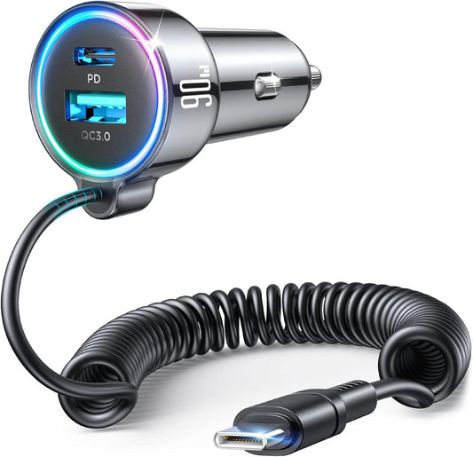 FLYLEADV 90W Car Charger USB C Fast Charge, PD45W for iPhone 17/16 Pro Max | 3-Port PD&QC3.0, 5ft Type C Coiled Cable, Super Fast Cigarette Lighter Adapter for Samsung S26/S25/S24, Pixel Android, iPad