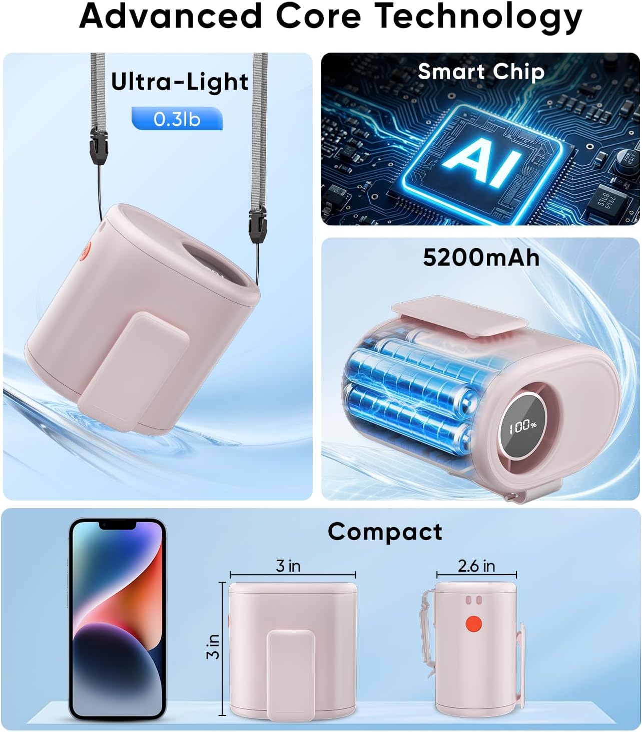 AI Portable Waist Fan, 6-Speed 15,000RPM Strong Turbo Airflow, 30H Cooling Battery Powered Personal Fan Rechargeable, Wearable Hands-Free Shirt/Belt/Body Fan for Travel, Work, Outdoor Off-White
