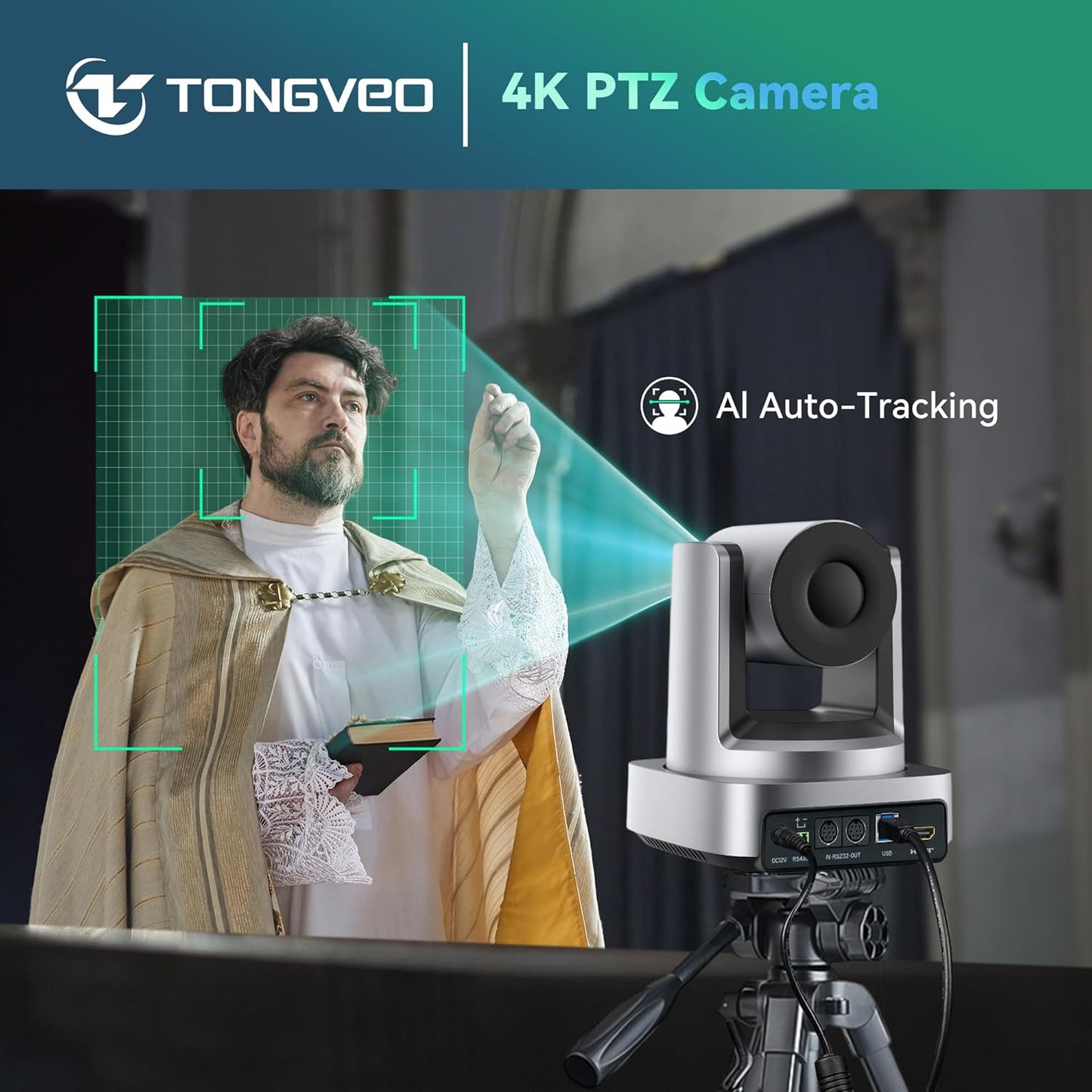 TONGVEO AI 4K PTZ Camera with Auto Tracking, 10X Optical Zoom Video Conferencing Camera, HDMI & USB 3.0 Plug and Play Webcam for Zoom, Teams, Church Worship, Live Streaming, Education