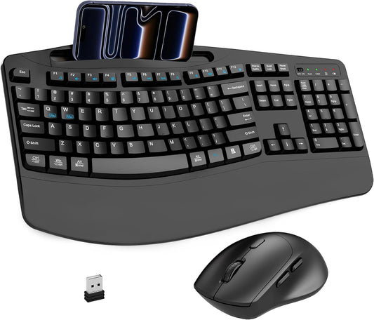 Wireless Keyboard and Mouse Combo, Full Size Ergonomic Wave Keys(Black)
