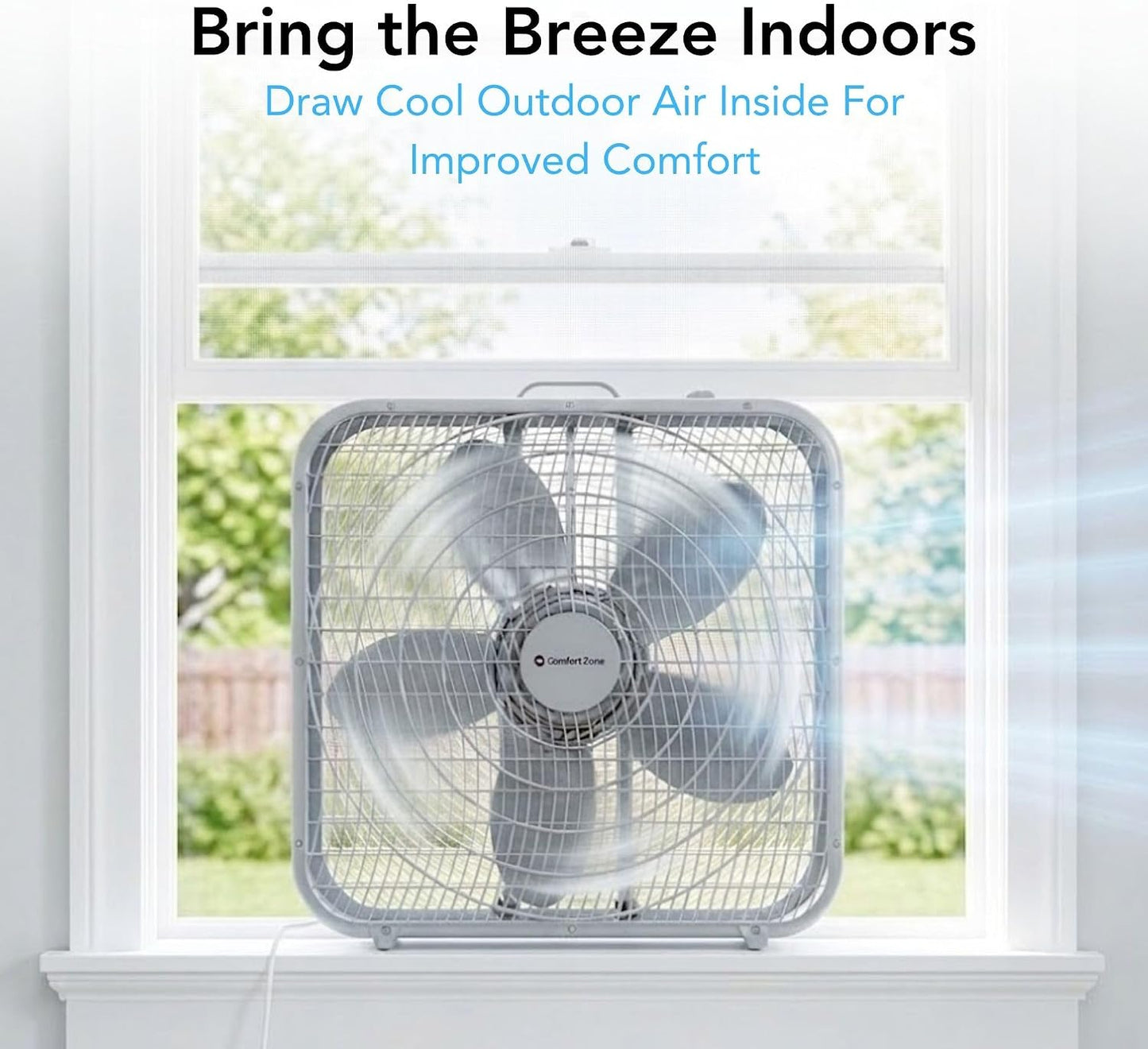 Comfort Zone Box Fan with Carry Handle, 20 inch, 3 Speed Full-Force Air Circulation Window Fan, Bedroom Floor Fan with 5 Blades, White Noise Cooling Fan, White