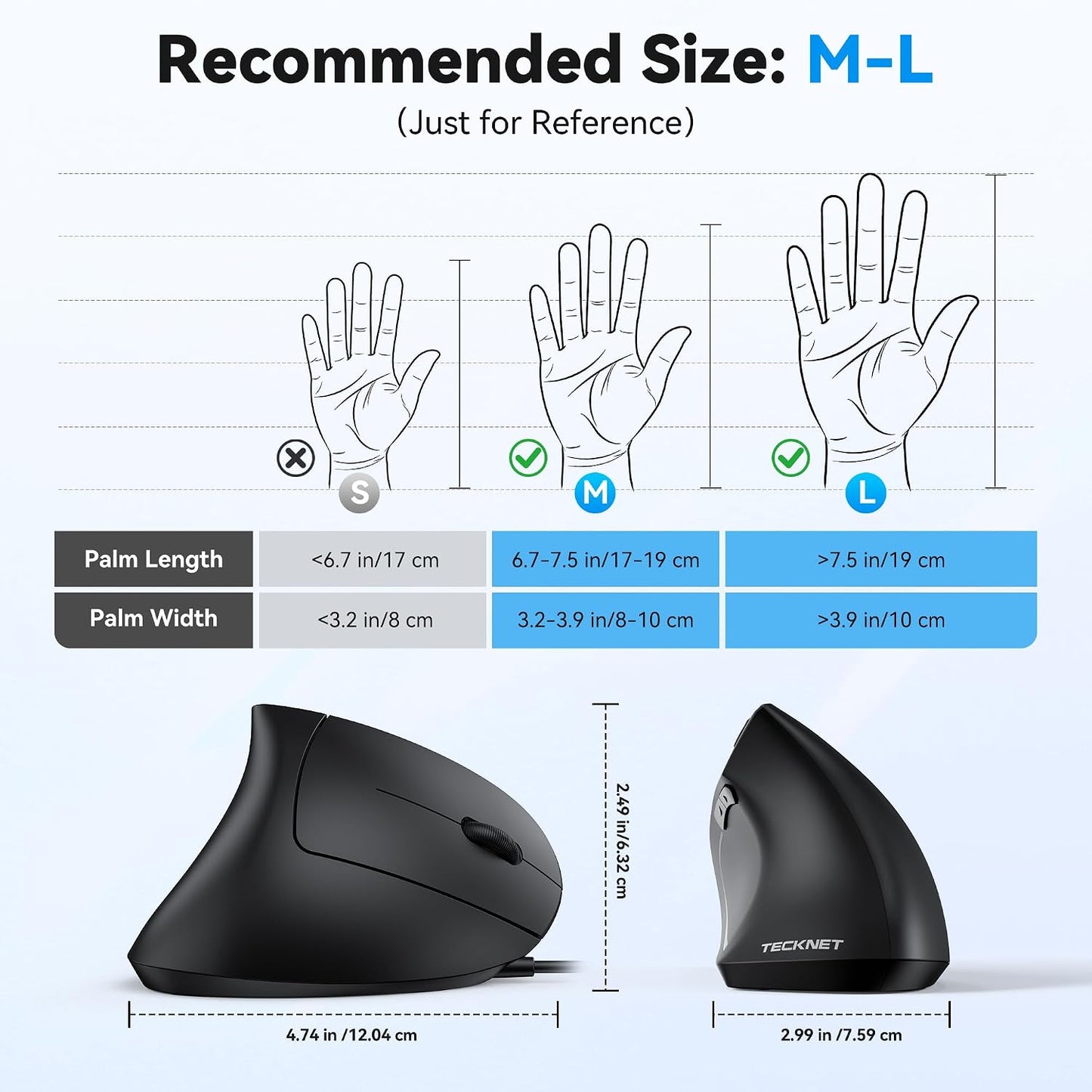 TECKNET Wired Mouse, Comfortable Ergonomic Mouse with 6400 DPI | Plug & Play, 4-Level Adjustable DPI, Silent Click, Vertical Mouse Compatible with Laptop/PC/Windows/Chromebook