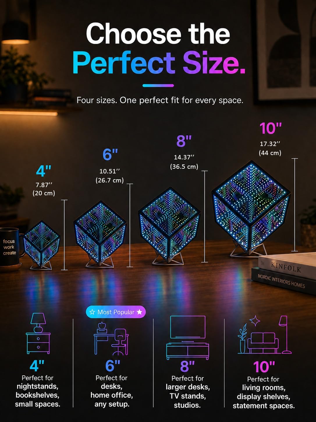 Infinity Mirror Hyper Cube Table Lamp, Desk Art Night Light, Color-Changing Sound-Activated APP-Controlled Ambient Light for Gaming, Party, Home, Gift (6 Inches)