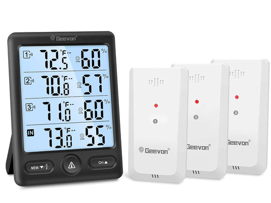 Geevon Indoor Outdoor Thermometer Wireless 3 Remote Sensors, 5-Inch Display Digital Hygrometer Thermometer Temperature Humidity Monitor with 8S Backlight, Battery-Powered