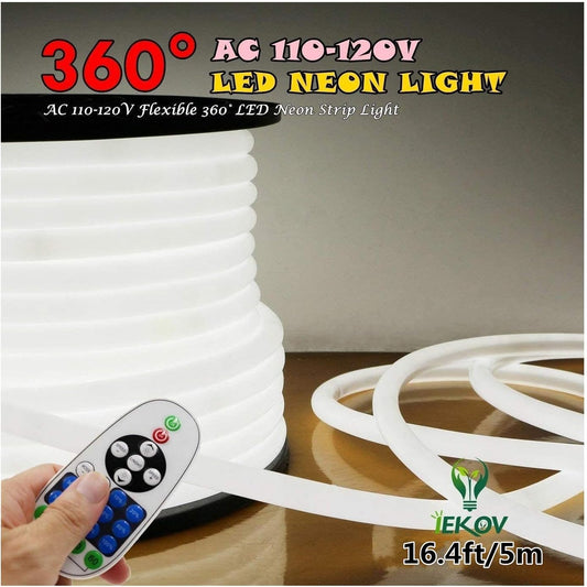 [Upgrade] 360° LED NEON Light, AC 110-120V Flexible 360 Degree LED Neon Strip Lights, Dimmable & Waterproof NEON LED Rope Light + Remote Controller for Decoration (16.4ft/5m, White)