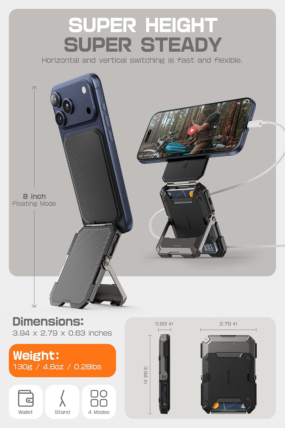 SUPCASE for MagSafe Wallet with Adjustable Stand, Hold 5 Cards, Black | RFID Blocking, Strong Magnetic Lock, Magnetic Wallet for Men, Phone Card Holder Tripod for iPhone 17/16/15/14/13/12 Series