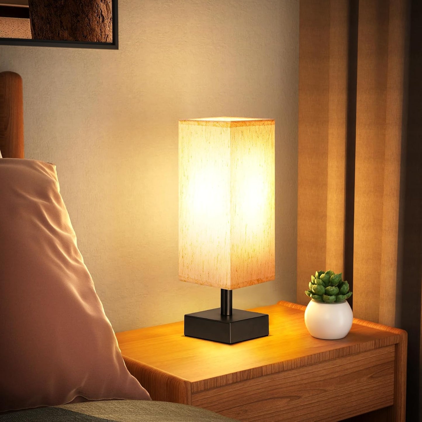 aooshine Small Bedside Table Lamp for Bedroom - Square Cream Fabric Shade | Inline Rocker Switch, Corded Electric, Bulb Not Included, 12.8" Mini Table Lamp for Nightstand, Desk, Dorm, Office