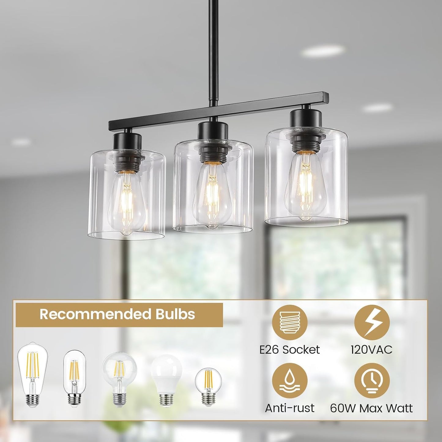 3-Light Kitchen Island Lighting, Black Pendant Light Fixture, Farmhouse Dining Room Light Fixtures Over Table, Modern Hanging Light Fixtures with Clear Glass, E26 Base, Bulbs Not Included