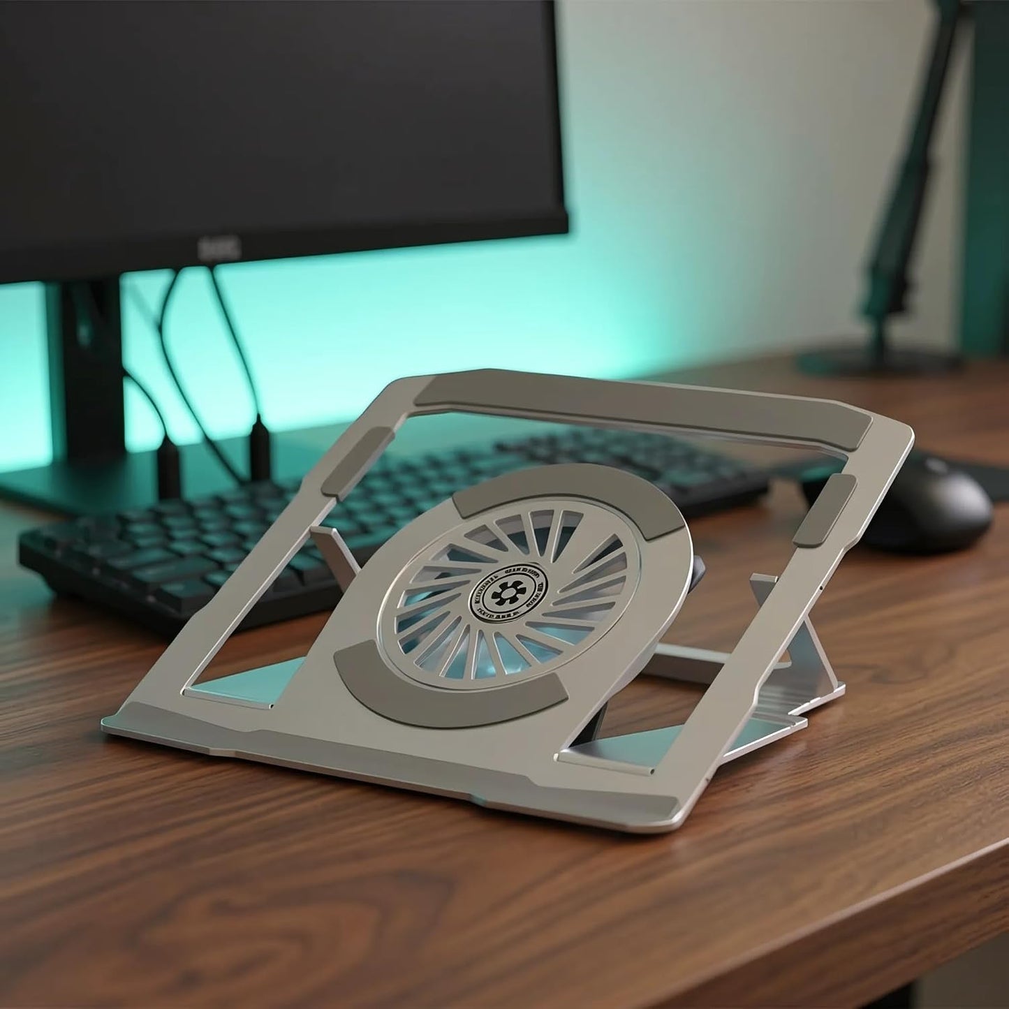 BudddhiGear Laptop Stand, Aluminum Heat Dissipation, Built-in Fan, 6 Height Adjustment, Rotatable, for Laptop