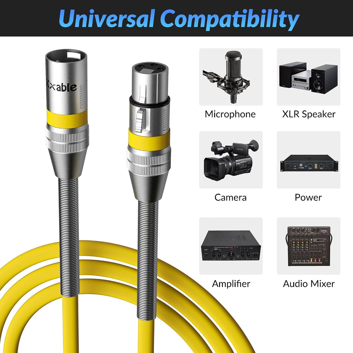 Kxable XLR Microphone Cable 75 FT, XLR Male to Female Balanced Mic Cable, 3-Pin Shielded Speaker Cord, Zinc Alloy Connectors, 22AWG Pure Copper, Metal Spring SR, Recording Studio, Podcast, Yellow